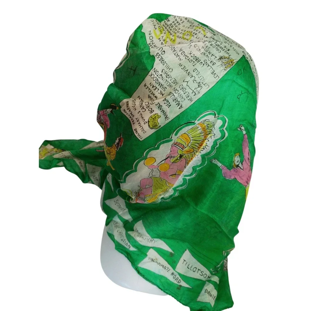 Vintage Texas Souvenir Scarf Silk Green Novelty Map Print Alamo Baylor Austin